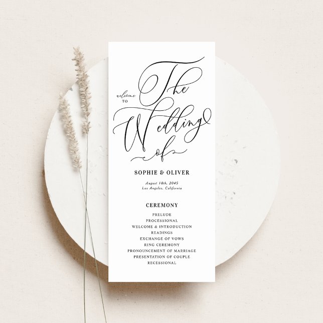 Programme Mariage Calligraphié Fantaisiste Noir et Blanc (Featuring the beautiful Whimsical Calligraphy Wedding Programs Card.)