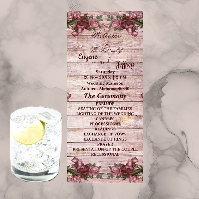 Programme Mariage campagnard Floral Rustique Rose (Rustic Woodland Roses Floral Country Wedding Program)
