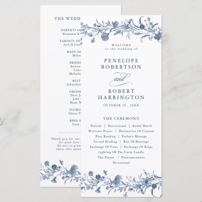 Programme Mariage Chic Classique Victorien Bleu Français de  (Devant / Derrière)
