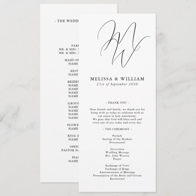 Programme Mariage Chic Monogramme Initiales Modernes Blanc (Devant / Derrière)