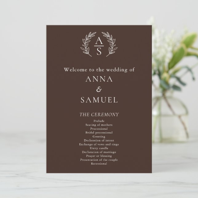 Programme Mariage Chocolat Brun et Blanc Monogramme de Crête (Debout devant)