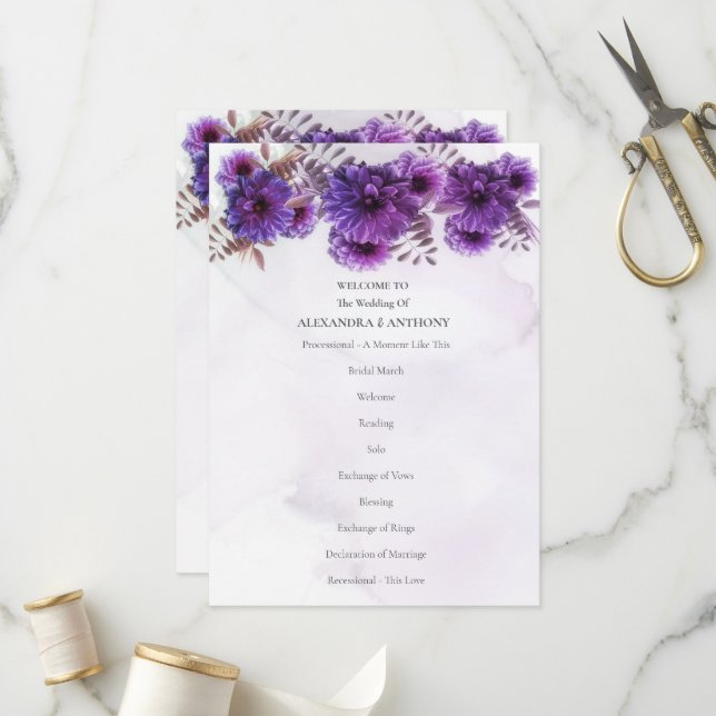Programme Mariage Chrysanthème Aquarelle Violet (Devant/Arrière en situation)
