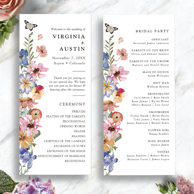 Programme Mariage Coloré aux Fleurs Sauvages (Wildflower Colorful Watercolor Wedding Program by Painted Paperie
)