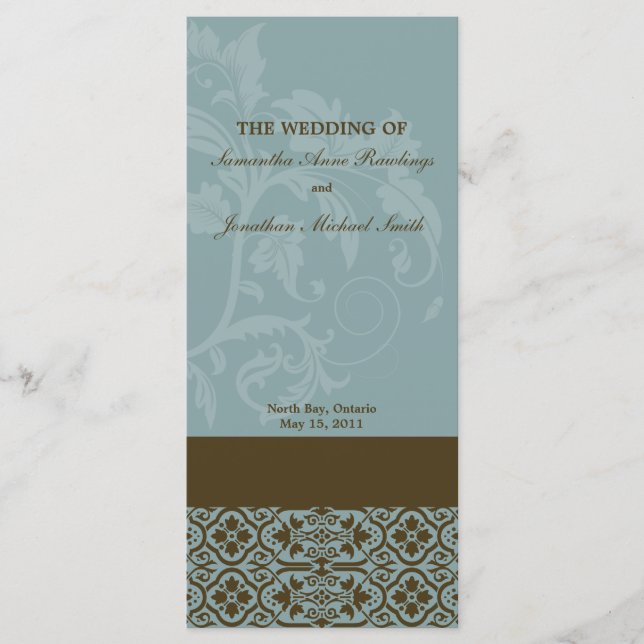 Programme mariage damassé - Turquoise Bleu & Brown (Devant)