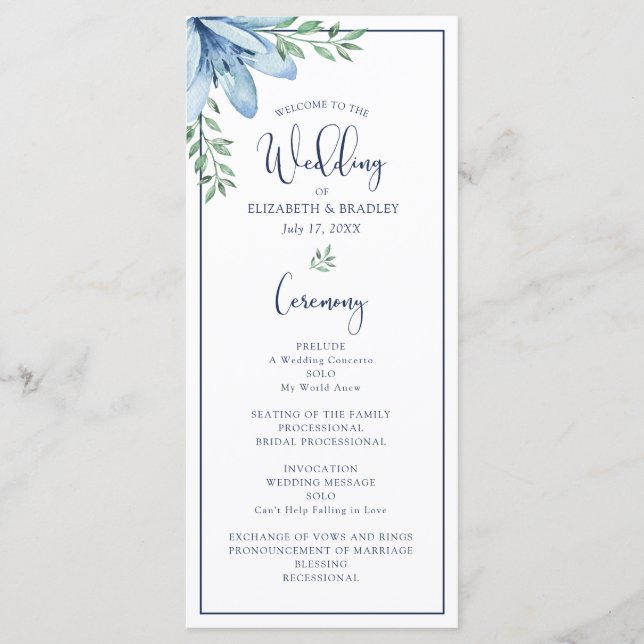Programme mariage d'aquarelle Floral Blue Bloom (Devant)