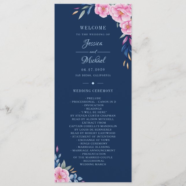 Programme Mariage d'aquarelle florale bleu marine (Devant)