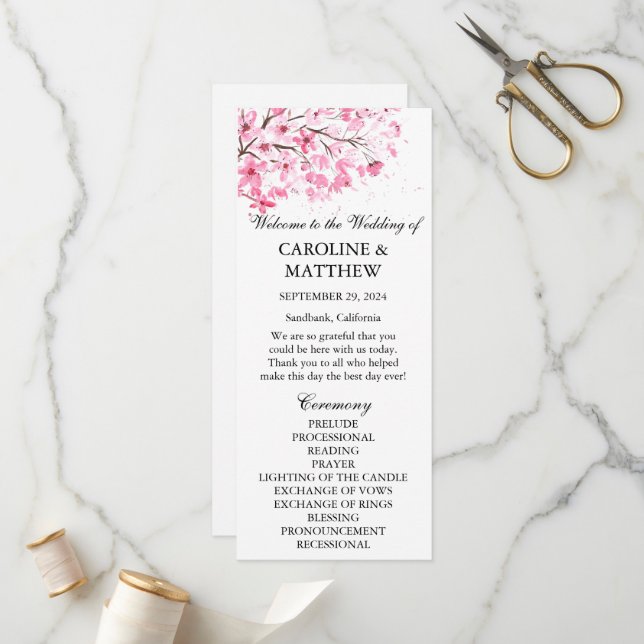 Programme Mariage d'aquarelle rose fleurs cerise (Devant/Arrière en situation)