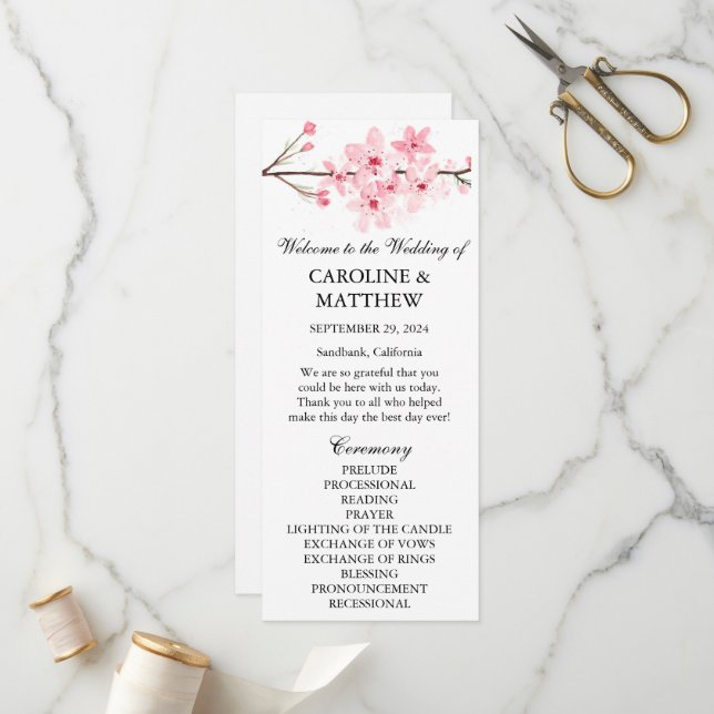 Programme Mariage d'aquarelle rose fleurs cerise (Devant/Arrière en situation)