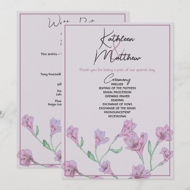 Programme Mariage d'aquarelle rose pâle (Devant / Derrière)