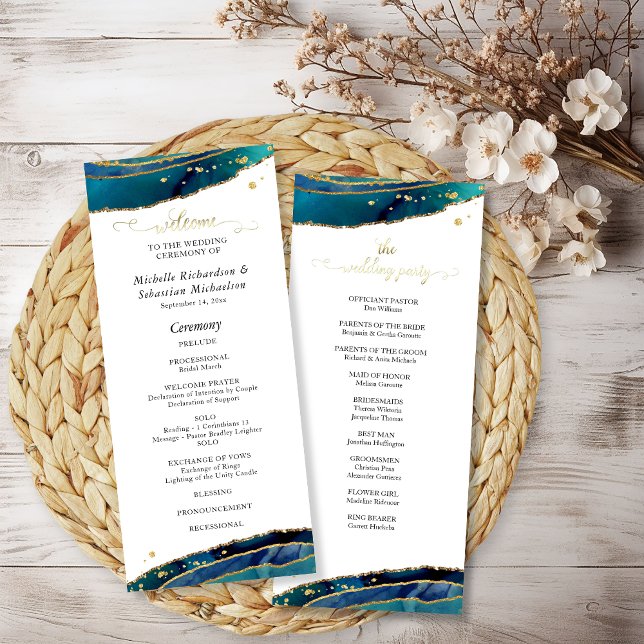 Programme Mariage d'aquarelle turquoise Gold Agate (Teal Watercolor Gold Agate Wedding Program
)