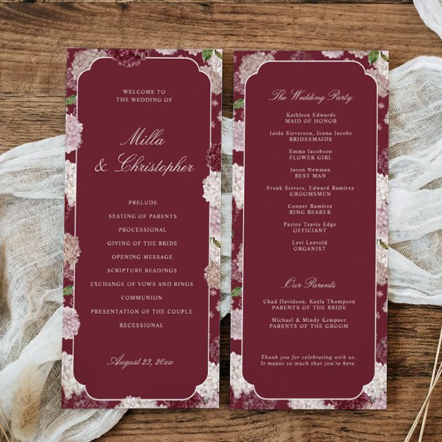 Programme Mariage d'automne et d'hiver Hydrangea Bourgogne F (Burgundy hydrangea wedding program with order of ceremony and wedding party details)