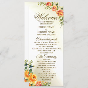 Programme Mariage de bienvenue Orange Jaune Rouge Floral Ver