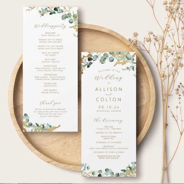 Programme Mariage de boho d'or de l'eucalyptus rustique (Rustic eucalyptus gold greenery boho wedding program)