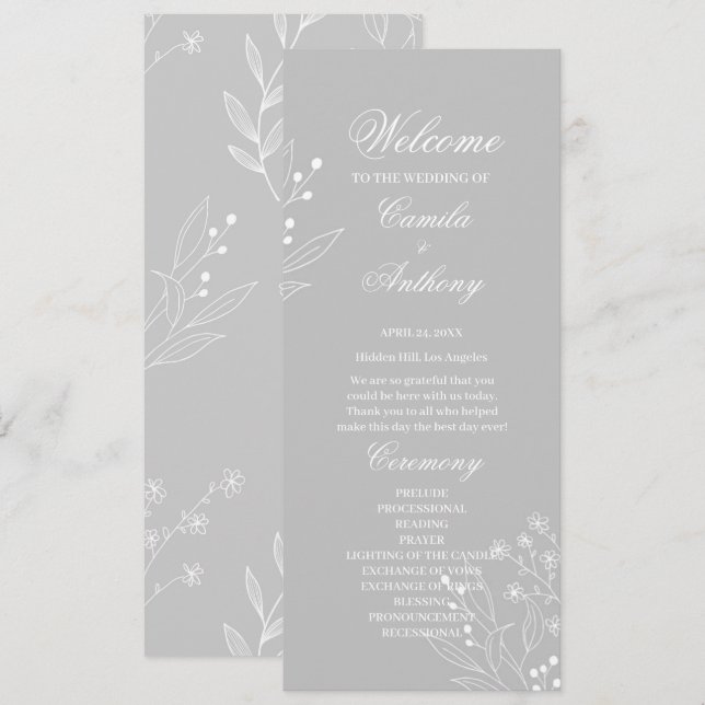 Programme Mariage de Boho Floral à Coin Blanc Argent (Devant / Derrière)