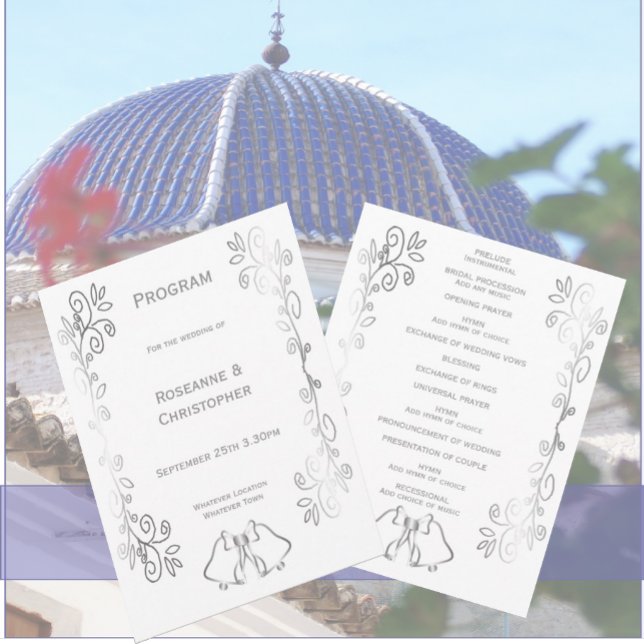 Programme Mariage de conception de défilement Silver Bells (Silver wedding church program bells and scrollwork design)