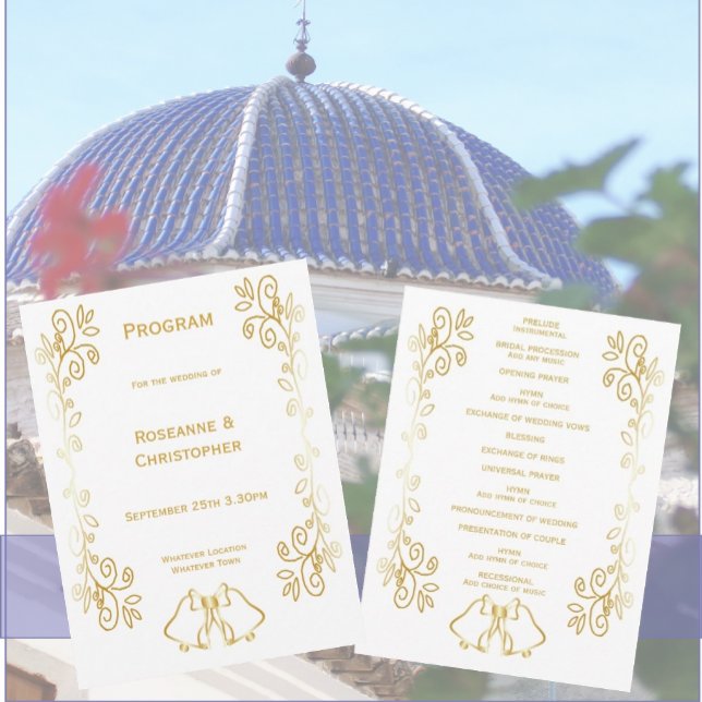 Programme Mariage de conception Gold Bells (Gold bells scrollwork wedding church program)