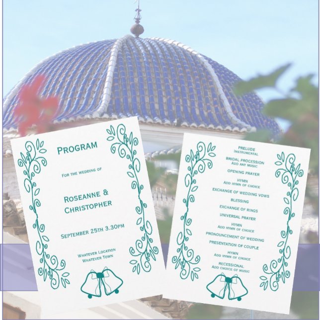 Programme Mariage de conception turquoise pour le défilement (Teal bells scrollwork wedding church program)