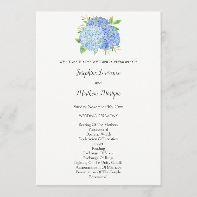 Programme Mariage de feuillage Blue Hydrangea (Devant)