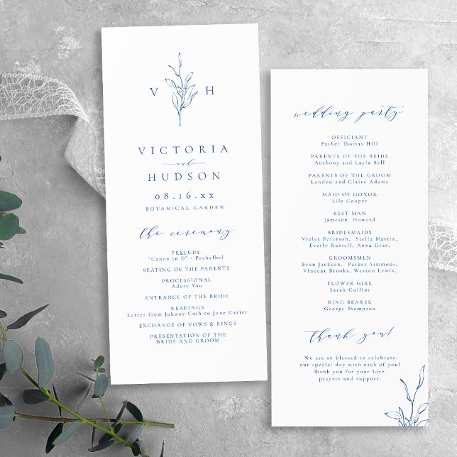 Programme Mariage de monogramme botanique simple bleu (Blue simple elegant botanical monogram wedding program)