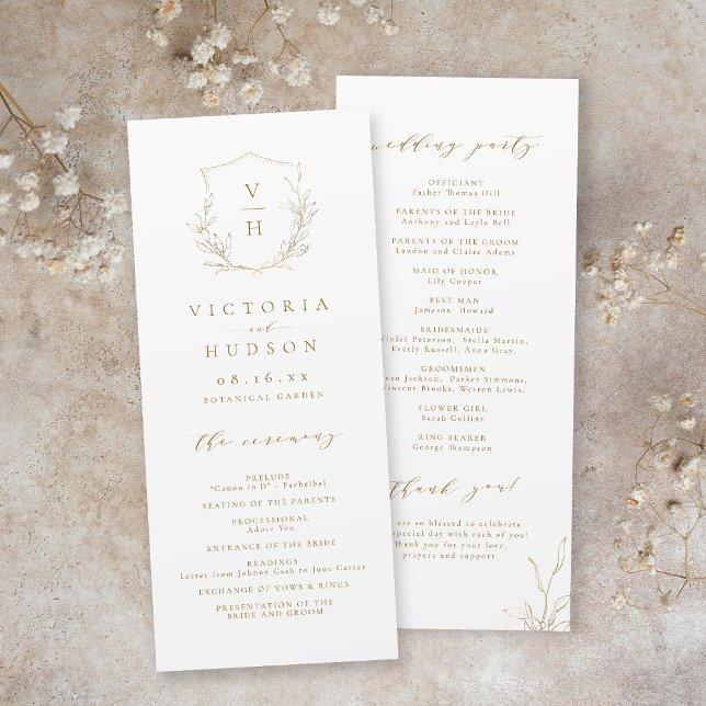 Programme Mariage de monogramme d'écusson botanique simple e (Gold simple botanical crest monogram wedding program)