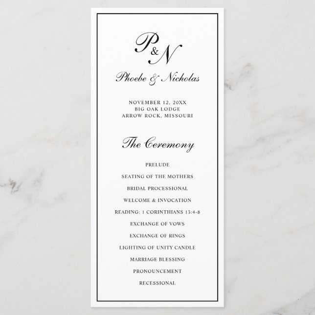 Programme Mariage de monogramme élégant en noir et blanc (Devant)