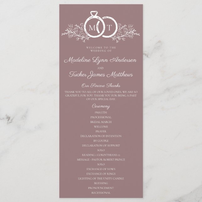 Programme Mariage de monogramme minimaliste Mariage Mauve (Devant)