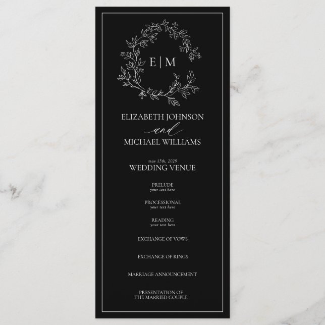 Programme Mariage de monogramme moderne noir blanc poitrine (Devant)