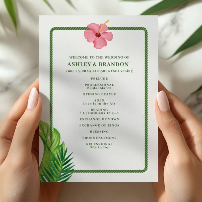 Programme Mariage de plage aux fleurs roses et vertes tropic (Créateur téléchargé)