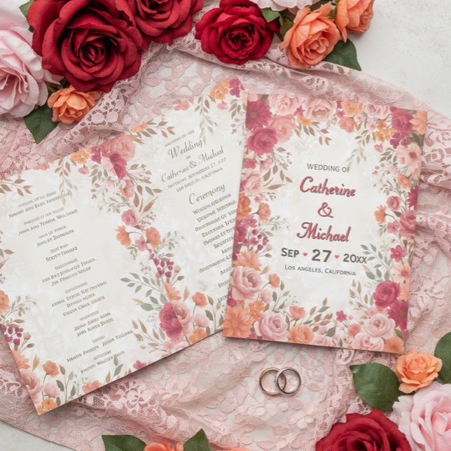 Programme Mariage de printemps romantique rose et rouge (Top view of pink red orange watercolor floral spring wedding program)