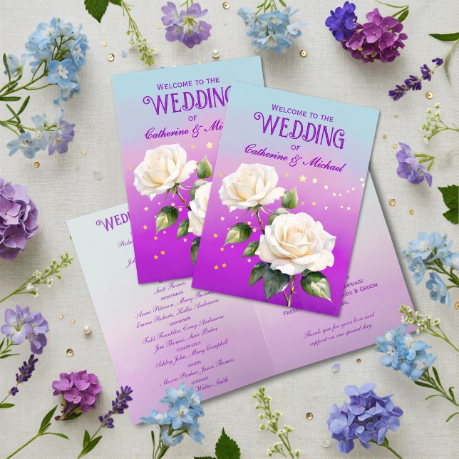 Programme Mariage de printemps Roses Ombré Aquarelle Violet  (Flat lay ocean lavender blush floral dreamy botanical spring wedding program
)
