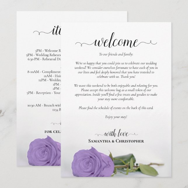 Programme Mariage de rose violette lavande Bienvenue & Itiné (Devant / Derrière)