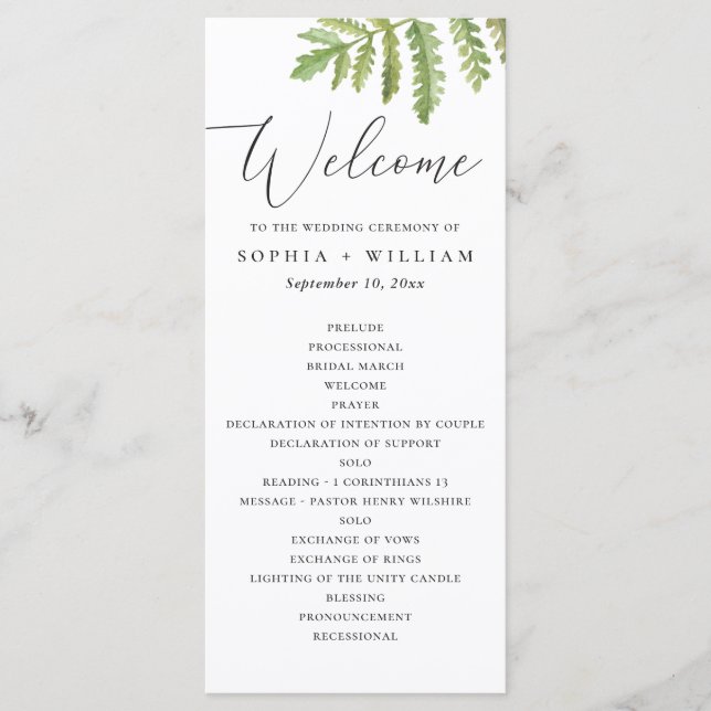 Programme Mariage de script de verdure de forêt à l'aquarell (Devant)