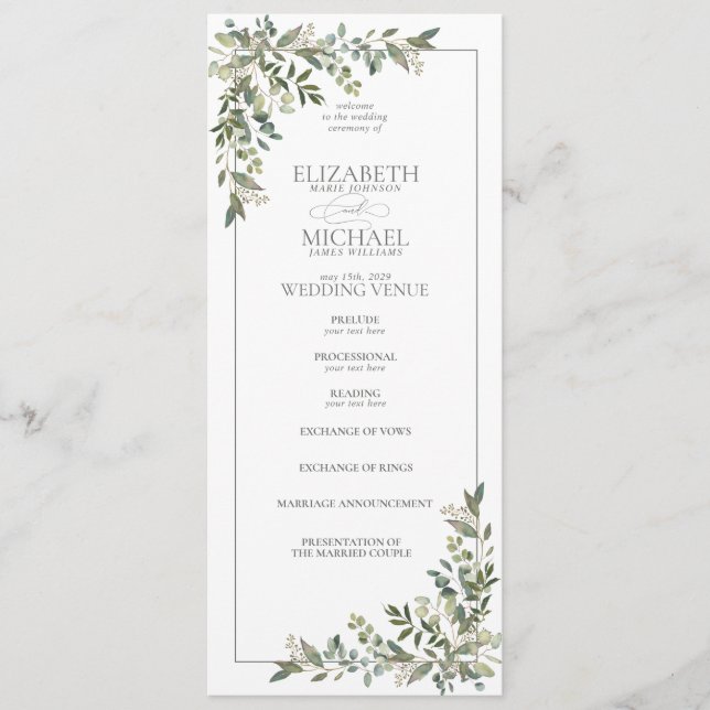 Programme Mariage de script vert Eucalyptus Botanical Sage (Devant)