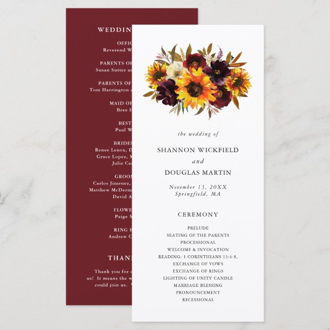 Programme Mariage de tournesol floral de automne rustique (Devant / Derrière)