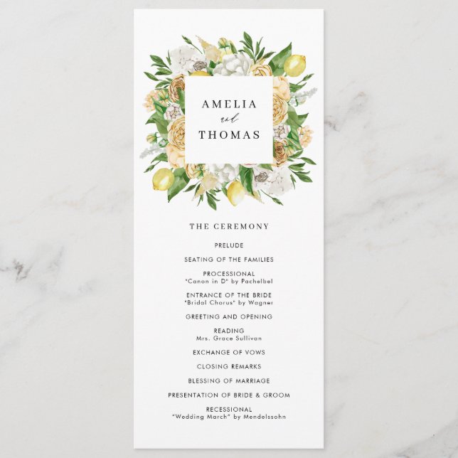 Programme Mariage d'été aux citrons et fleurs à l'aquarelle (Devant)