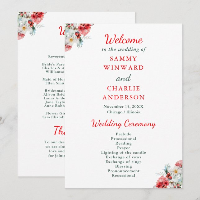 Programme Mariage d'hiver élégant avec verdure florale (Devant / Derrière)