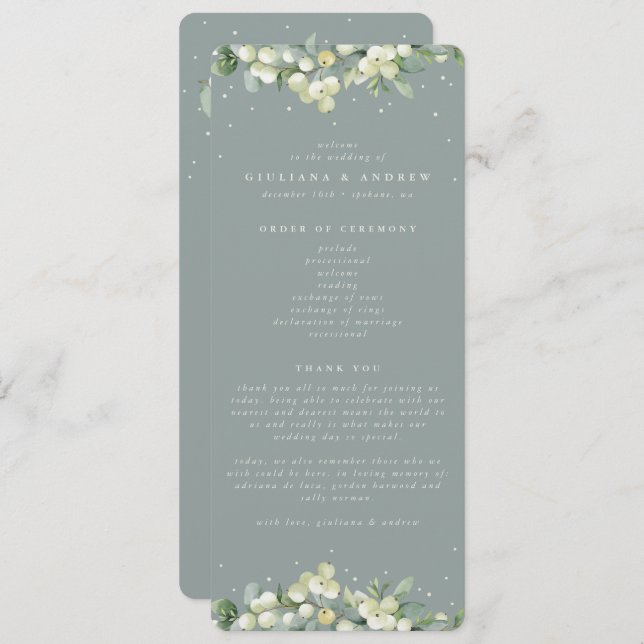 Programme Mariage d'hiver Seafoam Green Snowberry+Eucalyptus (Devant / Derrière)