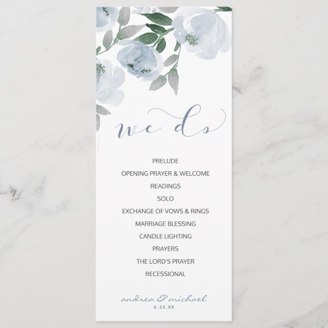 Programme Mariage Douce Romantique Aquarelle Bleu Gris Pouss (Devant)