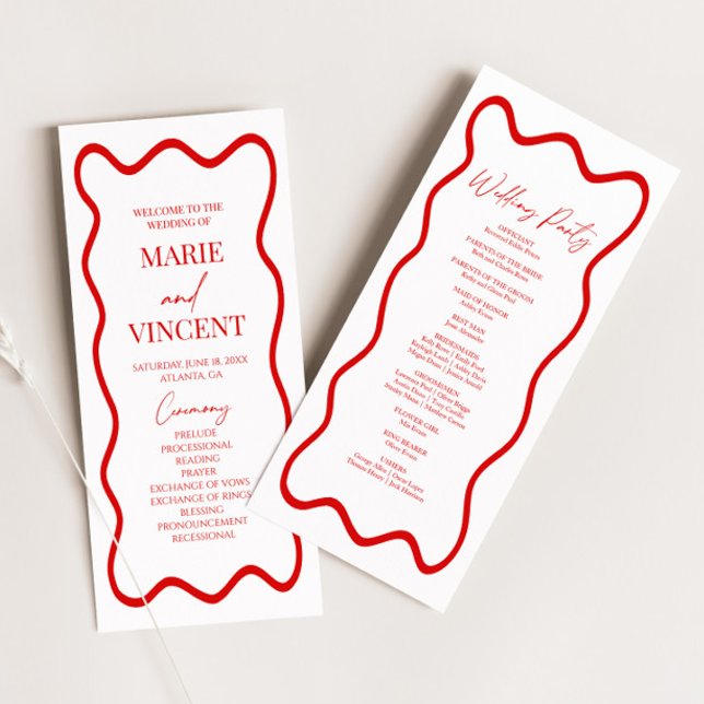 Programme Mariage Élégant à Bordure Ondulée Rouge Blanc (Créateur téléchargé)