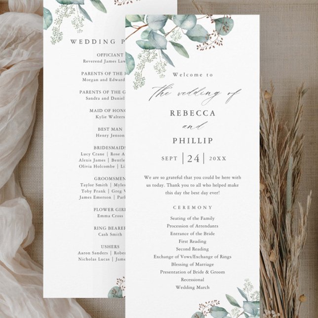 Programme Mariage élégant à l'aquarelle d'eucalyptus et de v (Elegant Eucalyptus Greenery Wedding Ceremony Programs.)