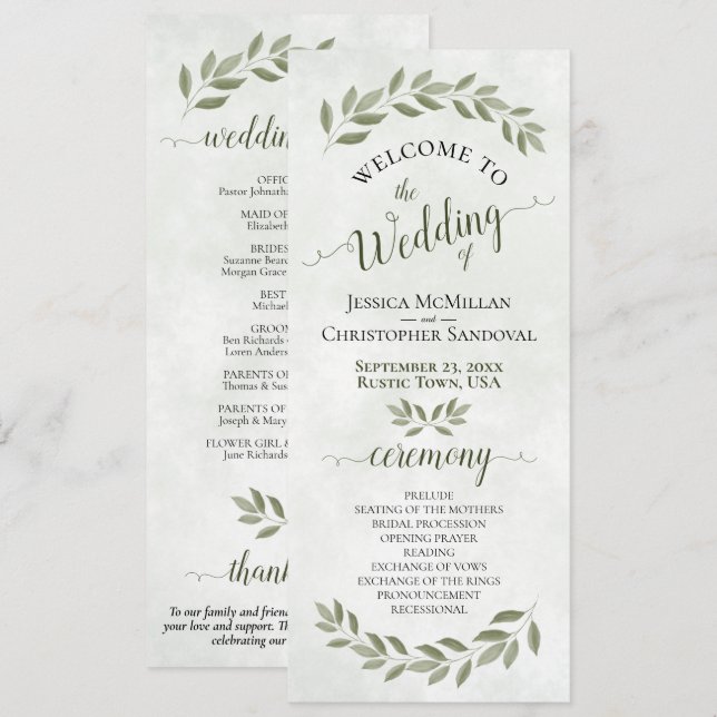 Programme Mariage Élégant à l'Aquarelle Rustique de Sauge (Devant / Derrière)