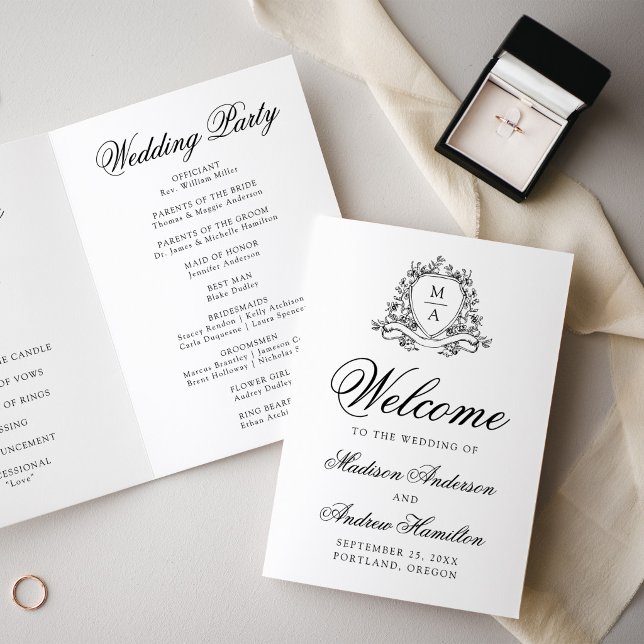 Programme Mariage élégant à monogramme floral noir (Créateur téléchargé)