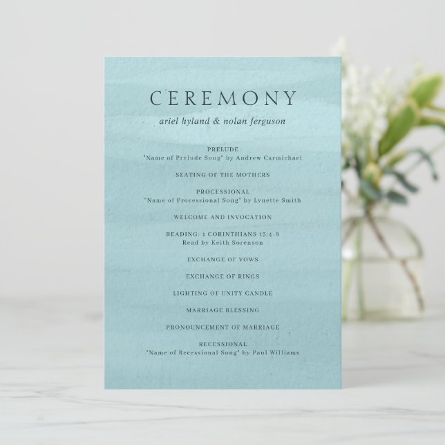 Programme Mariage Élégant Aquarelle Bleue Moderne (Debout devant)