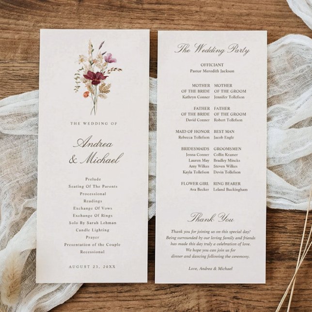 Programme Mariage Élégant aux fleurs sauvages aquarelles d'a (Elegant fall wedding program with burgundy watercolor wildflowers and botanical florals)