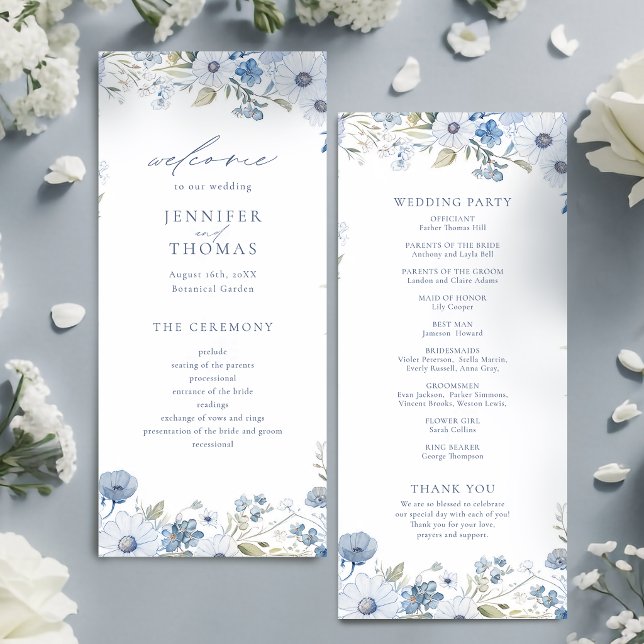 Programme Mariage Élégant aux Fleurs Sauvages Bleu Poussiére (Dusty Blue Elegant Wildflower Wedding Program)