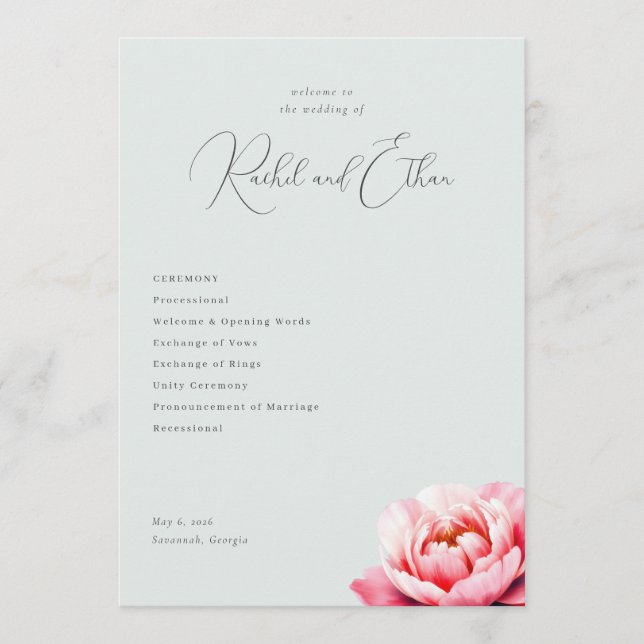 Programme Mariage Élégant aux Pivoines Menthe (Devant)
