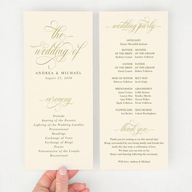 Programme Mariage Élégant avec Calligraphie Or et Crème (Elegant Cream and Gold Calligraphy Wedding Programs - Fancy, Ornate and Glam Script)