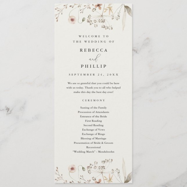 Programme Mariage Élégant Bohème aux Fleurs Sauvages (Devant)