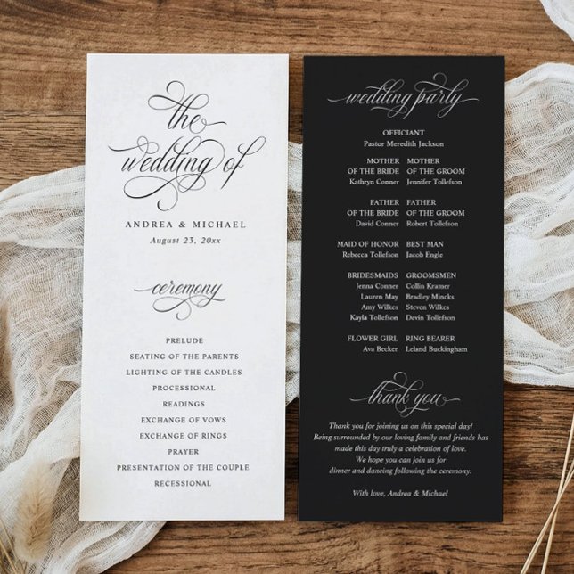 Programme Mariage Élégant Calligraphie Ancienne Fortune (Elegant black and white old money wedding program with classic calligraphy and ceremony order.)