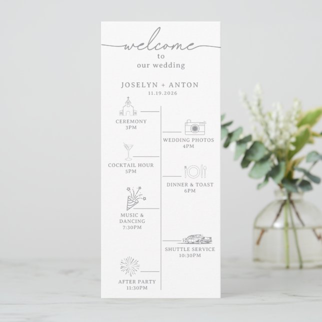 Programme Mariage Élégant Calligraphie Chic Gris Chronologie (Debout devant)
